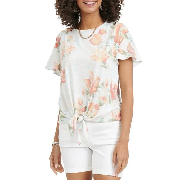 Democracy Tops - Democracy Top Flutter Sleeve White Orange Floral Beachy Tie Waist Womens Large